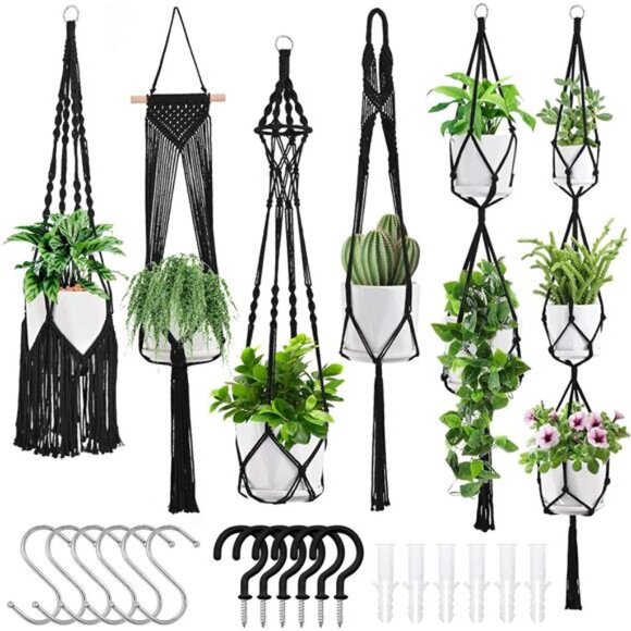 Macrame Plant Hangers, 6Pack Hanging Planters for Indoor Plants w/ 6 Set - Picture 1 of 7